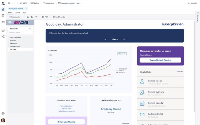 Click to enlarge A screenshot showing the new side navigation in Jedox Web